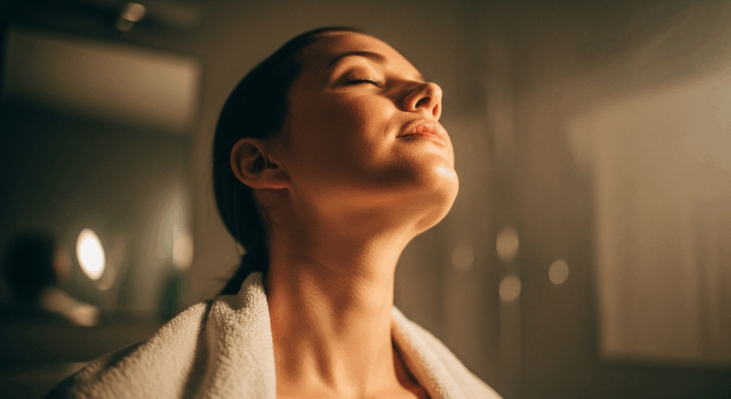 A woman with her eyes closed, appearing to be in a state of relaxation or meditation, wearing a white towel around her shoulders.
