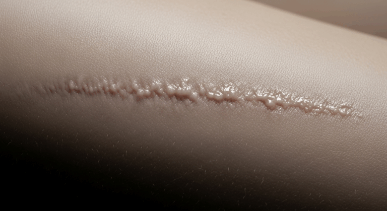 A close-up image of human skin showing a raised, linear row of bumps along a seam, likely representing a medical condition or skin irregularity.