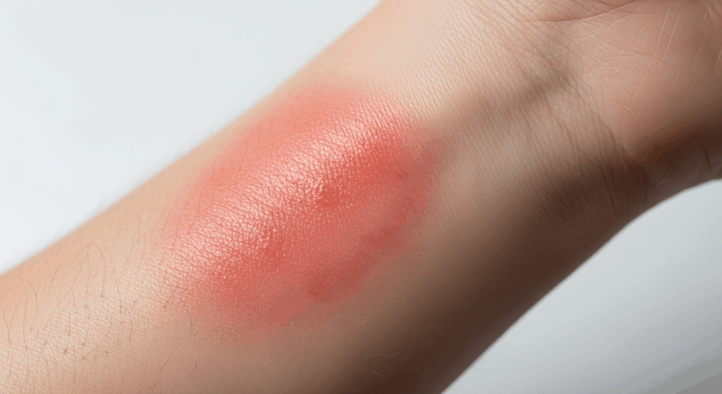 A close-up image of a person's arm with a noticeable red rash or mark on the skin.
