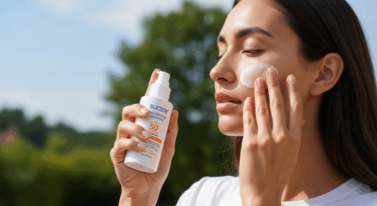A woman is applying sunscreen to her face while holding a bottle of sunscreen labeled 'Suetite Bio-Protective Sun Cream SPF 50+' in her hand. The background shows a sunny outdoor environment with trees.