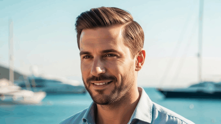 A smiling man with short hair and a beard, wearing a light blue shirt, standing in front of a body of water with sailboats in the background.