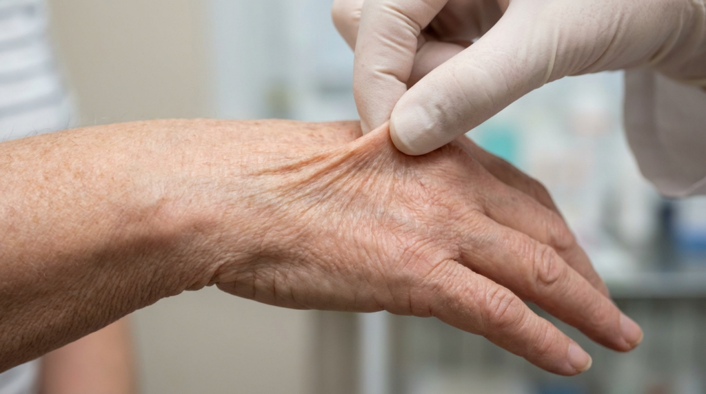 Primer plano clínico, bajo una iluminación médica suave y brillante, que muestra a un profesional sanitario con un guante de látex blanco pellizcando y levantando suavemente la piel del dorso de la mano de una persona mayor para evaluar la turgencia y la hidratación. La mano del paciente muestra signos naturales de envejecimiento, con piel fina y arrugada y textura visible. El fondo es un entorno clínico neutro y difuminado. No lleva maquillaje y la atención se centra exclusivamente en la evaluación anatómica de la piel. El profesional lleva una manga de bata blanca.