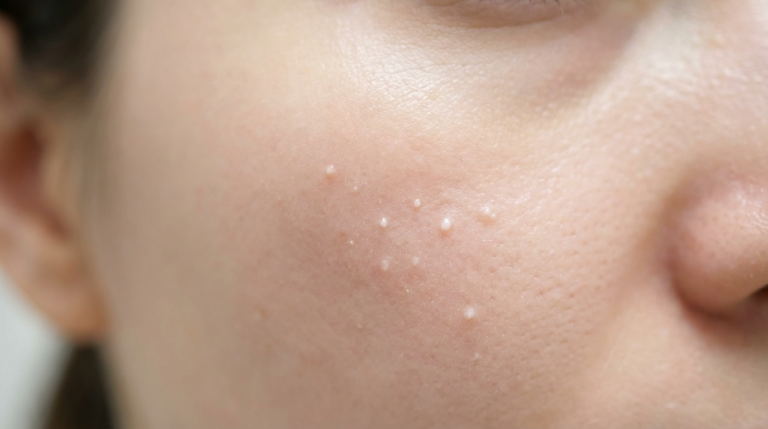 صورة مقرّبة عالية الدقة لخد شخص تظهر عليه الدخينات (نتوءات بيضاء صغيرة). تُظهر الصورة ملمس البشرة الطبيعي ومسامها تحت إضاءة داخلية ناعمة ومتساوية، دون وضع أي مكياج. ينصبّ التركيز بشكل كامل على الخصائص الجلدية لتشريح الوجه. لا تظهر أي ملابس، والخلفية محايدة وضبابية لإبراز حالة البشرة. الجنس محايد/غامض نظرًا لقرب الصورة.