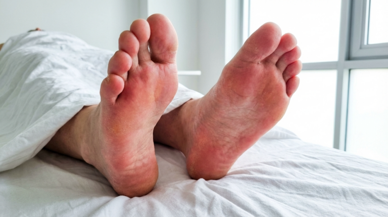 لقطة مقرّبة من منظور الشخص الأول لقدمين بشريتين تستريحان على ملاءة سرير بيضاء. الإضاءة ناعمة وطبيعية، قادمة من نافذة كبيرة مشرقة في الخلفية، مما يخلق جوًا هادئًا وبسيطًا. لا يظهر أي مكياج. تُظهر تشريح القدمين ملمس الجلد الطبيعي مع بعض علامات الجفاف على الكعبين. الشخص مغطى بنسيج أبيض نظيف، مما يوحي بمكان طبي أو منتجع صحي أو مكان للاسترخاء. لا توجد سمات ذكورية أو أنثوية مميزة تتجاوز التشريح البشري العام، ويبقى التركيز على القدمين أمام خلفية معقمة وبسيطة.
