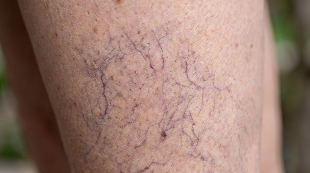Fotografía en primer plano de la piel de una pierna, donde se aprecian venas varicosas prominentes. La iluminación es suave y natural, resaltando la textura de la piel y el patrón vascular púrpura. La imagen es estrictamente clínica/anatómica, sin maquillaje, ropa ni rasgos que permitan identificar el género. El fondo aparece ligeramente desenfocado, lo que sugiere un entorno natural o al aire libre.