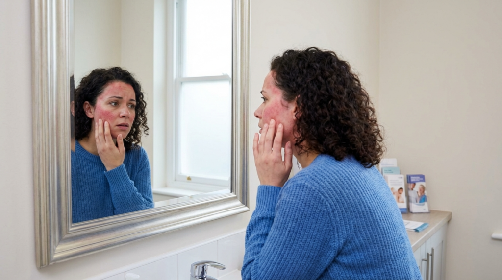 Una joven de cabello castaño rizado, vestida con un suéter azul texturizado, se refleja en el espejo del baño. Presenta erupciones cutáneas rojas e inflamadas en las mejillas y la nariz, lo que sugiere una posible afección dermatológica. Se mira con expresión preocupada, tocándose suavemente la mejilla con la mano. La iluminación es suave y natural, proveniente de una ventana cercana. No lleva maquillaje. El fondo muestra un baño sencillo y moderno con un tocador blanco y folletos informativos sobre salud sobre la encimera. Su anatomía se aprecia de perfil, resaltando sus rasgos faciales y la textura de su suéter.