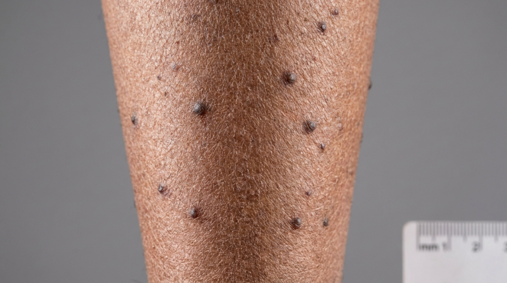 Fotografía médica en primer plano de la pierna o el antebrazo de una persona de piel oscura, que muestra pequeñas lesiones cutáneas pigmentadas y elevadas (dermatosis papulosa nigra). La textura de la piel es visible bajo una iluminación clínica uniforme y neutra, sin maquillaje. El fondo es de un gris neutro y plano. En la esquina inferior derecha, se incluye una regla blanca con marcas milimétricas para indicar la escala. No se aprecian prendas de vestir ni características anatómicas específicas de género, más allá de la piel y la estructura de la extremidad.