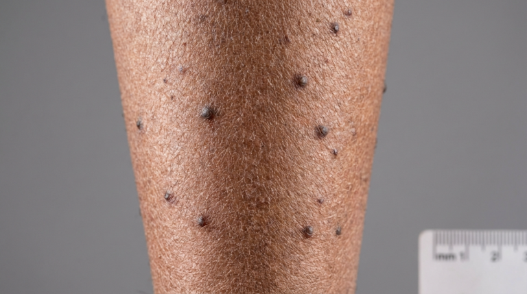 صورة طبية مقرّبة لساق أو ساعد بشري داكن البشرة، تُظهر بقعًا جلدية صغيرة بارزة مصبوغة (داء الحطاطات السوداء). يظهر نسيج الجلد بوضوح تحت إضاءة سريرية متساوية ومحايدة، دون استخدام أي مكياج. الخلفية رمادية محايدة. في الزاوية السفلية اليمنى، مسطرة بيضاء مُدرّجة بالمليمتر لتوضيح المقياس. لا تظهر أي ملابس أو خصائص تشريحية خاصة بالجنس باستثناء الجلد وبنية الطرف.