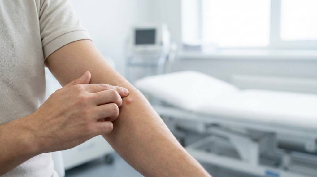 Primer plano de un antebrazo masculino de piel clara, donde se aprecia una pequeña lesión circular elevada en la superficie cutánea, examinada con una mano. La iluminación es suave y clínica, proveniente de una fuente brillante y difusa, típica de un entorno médico. No hay maquillaje. El fondo muestra una sala de exploración clínica borrosa y desenfocada, con una camilla blanca y equipo médico. La persona viste una sencilla camiseta de algodón de manga corta de color claro. La anatomía general resalta el brazo y la mano en el contexto de una consulta médica profesional.