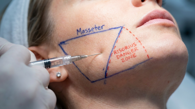 A hyper-realistic, clinical close-up captured with a high-aperture 100mm macro lens, emphasizing extreme detail in a medical aesthetic procedure. The image, rendered in 8k resolution, depicts a patient's lower face with precise anatomical markings in blue and red ink, demarcating the 'Masseter' muscle and the 'Risorius Danger Zone'. Soft, diffused medical-grade lighting illuminates the skin, highlighting its natural texture, pores, and the gentle indentation caused by a fine-gauge needle tip touching the cheek. The composition focuses on the intersection of professional precision and skin topography, set against a sterile, clinical background. There are no dramatic shadows or reflective moisture; instead, the focus remains on the clean, analytical clarity of the clinical setting and the subtle tension at the point of the injection. The subject wears a minimalist diamond stud earring, reinforcing a polished, aesthetic-focused narrative.