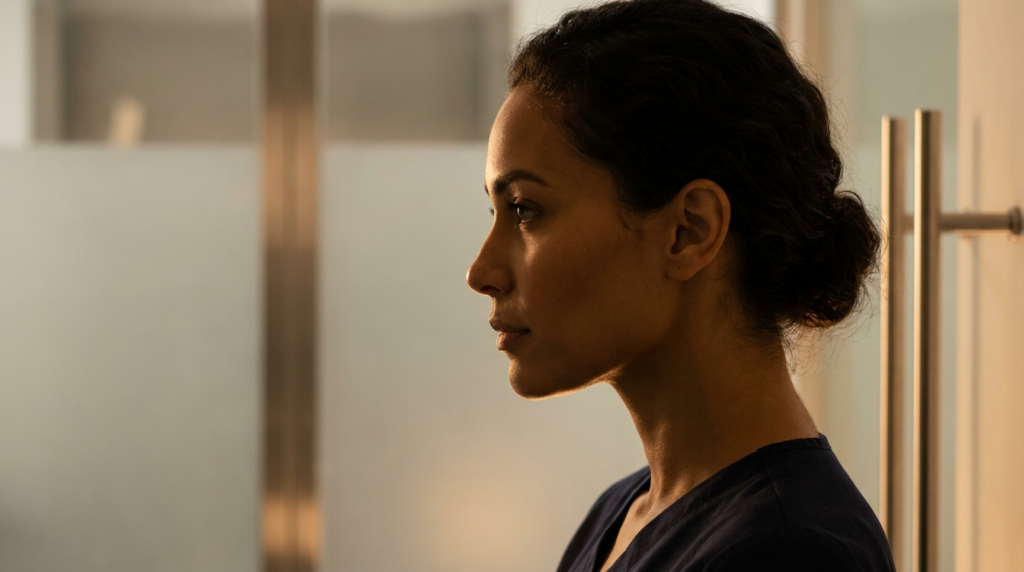 An 8k hyper-realistic profile portrait captured with an 85mm prime lens, focusing on a woman with a serene expression. The lighting is characterized by a dramatic rim light from the side, creating sharp, golden highlights along her jawline, neck, and cheek, while plunging the foreground into soft, atmospheric shadow. Her complexion features a natural, hydrated glow with subtle luminescence. She is dressed in a dark blue scrub top, suggesting a professional medical setting. The background is a blurred, minimalist interior with glass textures and metallic door hardware, contributing to a sophisticated, contemporary clinical-noir aesthetic.