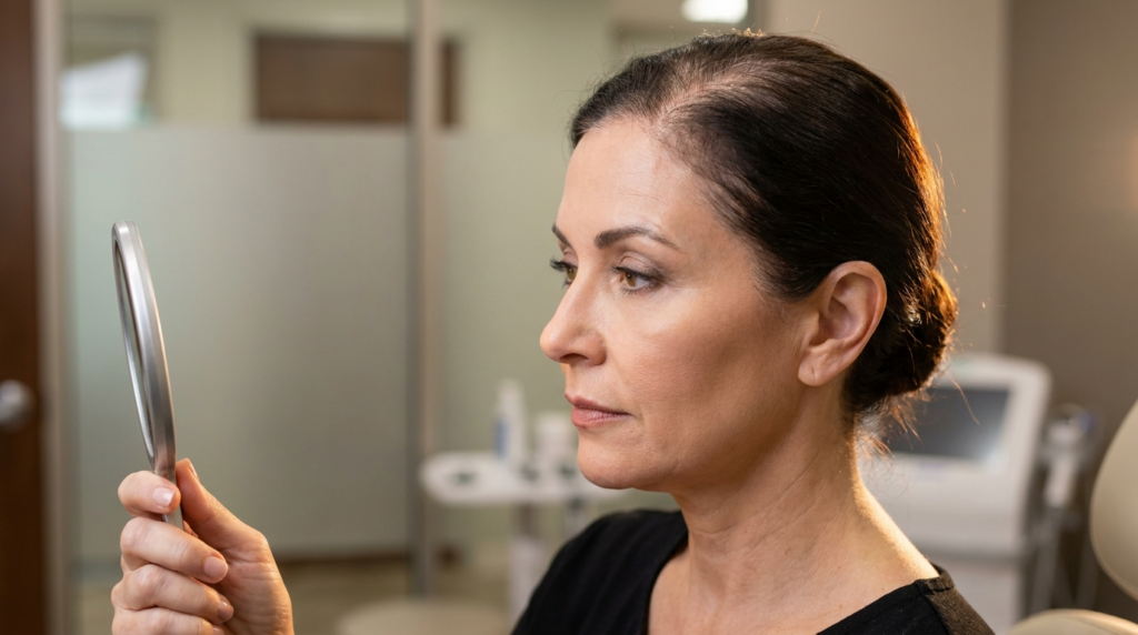 An 8k hyper-realistic profile portrait capturing a middle-aged woman in a clinical, professional setting. Shot with a 50mm portrait lens, the image emphasizes high-fidelity clarity and natural skin texture, including pores and fine lines, illuminated by soft, diffused side-lighting that enhances the structure of her jawline and cheekbones. She is presented in a stoic, reflective pose, looking intently into a handheld circular hand mirror held just outside the frame's focus. Her dark hair is pulled back in a tidy bun, with golden rim-lighting catching the edges of her hair. She is dressed in a minimalist black top. The background is a slightly blurred, clean, and modern medical-grade aesthetic, creating an atmosphere of sophistication, self-evaluation, and clinical luxury.