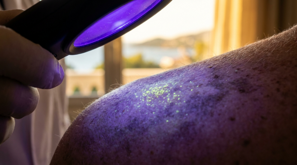 An 8K hyper-realistic macro editorial shot captured with a 100mm macro lens, focusing on the dermatological examination of a human shoulder under a handheld UV Wood's lamp. The composition employs a sharp, clinical depth of field, rendering individual skin pores, fine vellus hairs, and subtle epidermal textures with forensic clarity. The light design is defined by the high-contrast, intense violet-blue luminescence of the UV light emitting from the top-left, casting a stark, cold glow that reveals fluorescent particulate matter on the skin's surface, contrasted against the warm, soft-focus bokeh of a sunlit, coastal-inspired background. The anatomical focus is on the curvature of the shoulder, emphasizing the natural human skin topography. The interaction between the intense, sterile UV light and the organic, warm skin tone creates a scientific yet aesthetic tension, highlighting the microscopic luminescence of the particles as they react to the ultraviolet source. The overall atmosphere is that of a precise, high-end medical or forensic investigation, characterized by sterile technicality and vivid, contrasting light temperatures.
