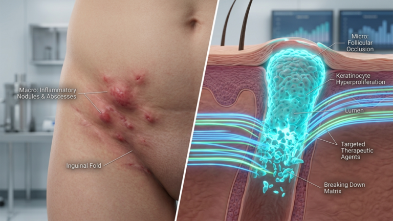 A split-screen medical illustration depicting hidradenitis suppurativa. On the left, a realistic clinical photograph features a human inguinal fold with inflammatory nodules and abscesses, captured with high-fidelity, macro-style focus. The lighting is sterile and diffused, characteristic of a medical examination environment. On the right, a 3D scientific visualization displays a cross-section of skin, highlighting follicular occlusion, keratinocyte hyperproliferation, and the lumen, with glowing cyan light-lines representing targeted therapeutic agents breaking down the matrix. The overall composition is a professional, educational infographic set against a clean, out-of-focus laboratory background.