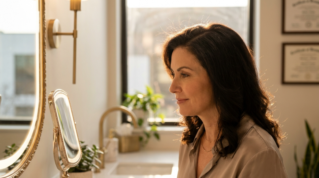 A hyper-realistic, 8k editorial portrait captured with an 85mm prime lens, focusing on a woman in profile as she gazes thoughtfully into a vanity mirror. The lighting is masterfully orchestrated with a warm, golden-hour backlight that creates a radiant rim-light effect, accentuating the contours of her face and the soft, natural texture of her skin. The atmosphere is one of serene luxury, set within an elegant, sun-drenched interior. She is dressed in a refined, neutral-toned silk blouse that drapes naturally, complemented by minimalist gold jewelry. The depth of field is shallow, rendering the background—a modern bathroom vanity with subtle greenery and framed wall decor—in a soft, cinematic blur. Her complexion is captured with pristine clarity, showcasing a subtle, dewy luminosity that glows under the gentle, diffused afternoon light.