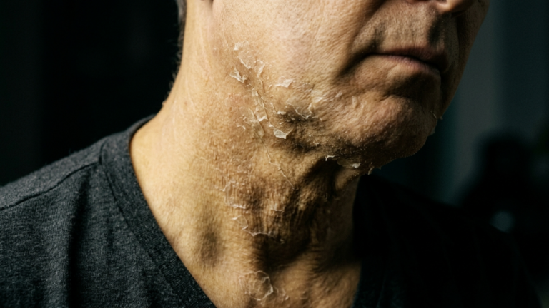 A hyper-realistic, 8k macro editorial close-up captures a mature male subject's jawline and neck, shot with an 85mm macro lens to achieve razor-sharp focus and a shallow depth of field. The lighting is deliberate and dramatic, utilizing a harsh, directional light source from the side to create high-contrast shadows that accentuate the intricate topography of the skin. The skin texture is defined by extreme, microscopic detail, highlighting a distressing yet fascinating layer of dry, peeling epidermis, where flakes of dead skin catch the light, contrasting with the underlying biological aging markers. The subject wears a simple, dark grey, textured cotton shirt that provides a neutral backdrop, keeping the focus entirely on the physiological narrative of the skin. The overall atmosphere is clinical, raw, and unapologetically honest, stripping away artifice to present a visceral exploration of dermatological decay and the passage of time.
