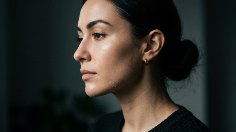 A hyper-realistic, 8k editorial portrait captured with an 85mm macro lens, focusing on the profile of a woman. The lighting is characterized by a sophisticated side-angle, creating dramatic contrasts that accentuate the sharpness of her jawline and facial structure. Her skin exhibits a raw, authentic texture, revealing intricate details such as pores, fine peach fuzz, and subtle areas of dry skin near the chin, all highlighted by soft luminescence. She maintains a poised, contemplative posture. The composition is minimalist and cinematic, featuring a dark, moody, and blurred neutral background that emphasizes her natural features. She is dressed in a simple, dark-textured knit garment, complemented by a delicate, minimalist gold hoop earring that adds a touch of understated luxury to the raw, noir-inspired aesthetic.
