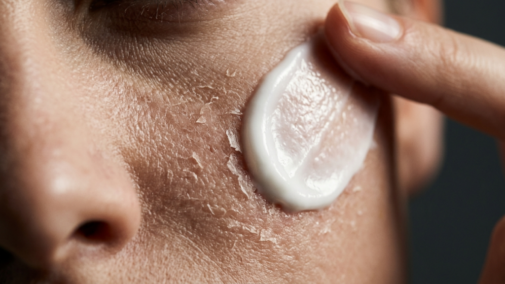 A hyper-realistic, 8k macro editorial close-up captured with a 100mm macro lens, focusing on the intricate textures of human skin. The composition highlights a stark contrast between a patch of severely dry, flaking epidermis and the restorative application of a rich, creamy white moisturizer. Dramatic, directional side-lighting accentuates the micro-ridges of the skin and the viscous, glossy luminescence of the cream. The depth of field is exceptionally shallow, isolating the act of skincare as a clinical yet intimate ritual. The cool-toned, dark, and minimalist background enhances the focus on the organic, tactile quality of the skin’s surface, showcasing the tension between cellular dehydration and hydrating treatment with surgical precision.