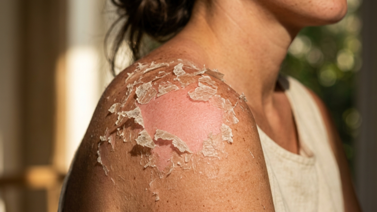 A hyper-realistic, 8k close-up shot capturing a woman's sun-damaged shoulder, rendered with the clinical precision of an 85mm macro lens. The composition focuses intensely on the biological narrative of the skin: a stark contrast between tanned, freckled epidermis and raw, inflamed pink tissue revealed beneath layers of dry, flaky, shedding skin. The hard, directional sunlight creates dramatic highlights and deep, contoured shadows that emphasize the irregular, papery texture of the peeling dermis. The subject wears a simple, textured off-white garment that remains soft-focused, keeping the attention entirely on the intricate, tactile degradation of the skin’s surface. The background is a soft, warm-toned out-of-focus blur, evoking a natural, perhaps late-afternoon setting that heightens the visceral, raw aesthetic of the image.