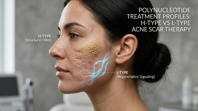 A clinical-style, hyper-realistic, 8k photographic profile shot of a woman featuring a medical infographic overlay for polynucleotide acne scar treatment. Captured with a sharp 85mm macro lens, the focus is on the patient's lateral facial anatomy, emphasizing skin texture, enlarged pores, and deep acne scarring. The lighting is bright, cool-toned, and diffused, typical of a professional medical aesthetic setting, highlighting the natural skin contours. A golden, translucent grid graphic representing 'H-Type Structural Filler' is overlaid on the cheek, while ethereal, flowing cyan light trails symbolize 'L-Type Regenerative Signaling' along the jawline. The subject has her dark hair pulled back in a sleek bun, maintaining a composed, neutral expression. The background is a soft-focus, desaturated clinical office, providing a clean, sterile, and sophisticated medical editorial atmosphere.